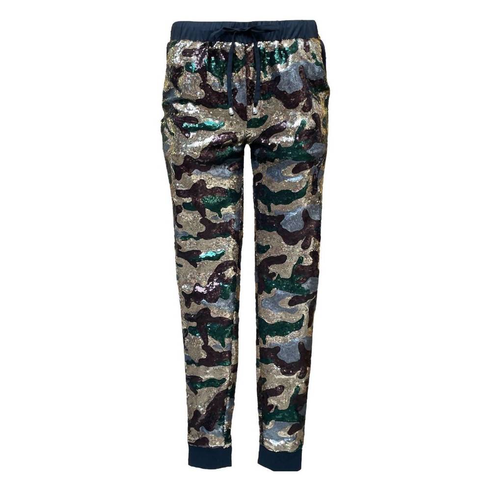 NEW ANY OLD IRON women's camo sequin jogger pants in green / brown / gold